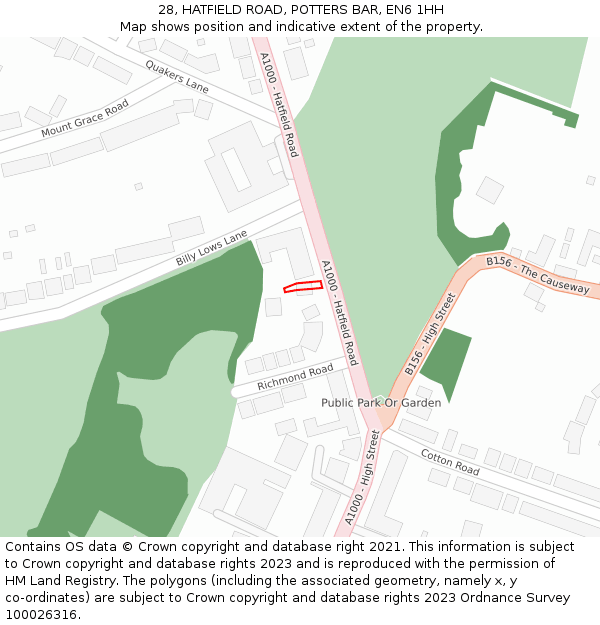 28, HATFIELD ROAD, POTTERS BAR, EN6 1HH: Location map and indicative extent of plot