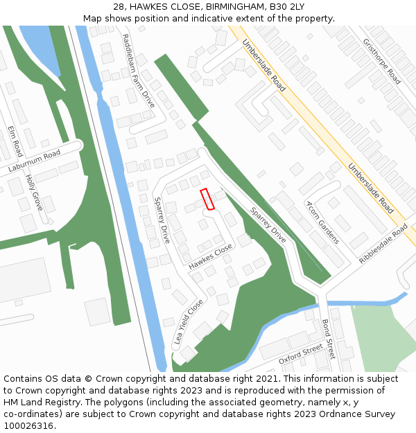 28, HAWKES CLOSE, BIRMINGHAM, B30 2LY: Location map and indicative extent of plot