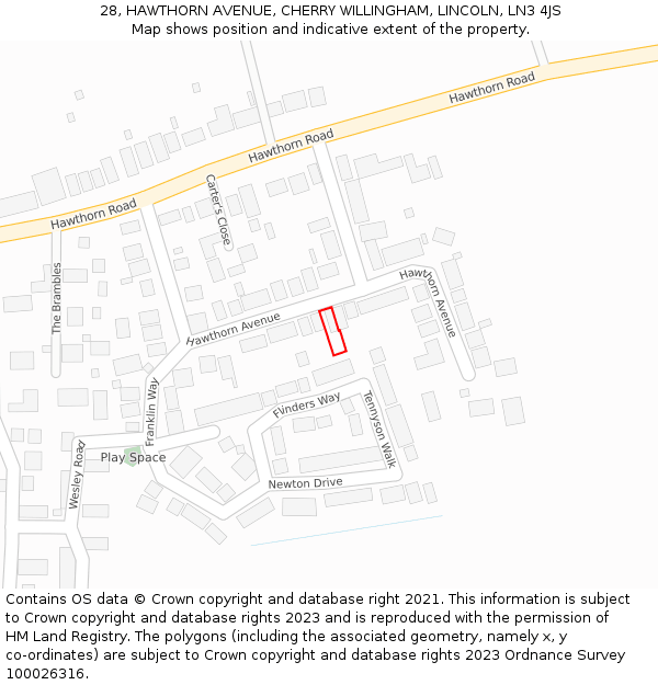 28, HAWTHORN AVENUE, CHERRY WILLINGHAM, LINCOLN, LN3 4JS: Location map and indicative extent of plot