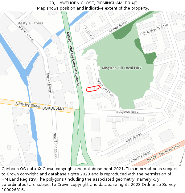 28, HAWTHORN CLOSE, BIRMINGHAM, B9 4JF: Location map and indicative extent of plot