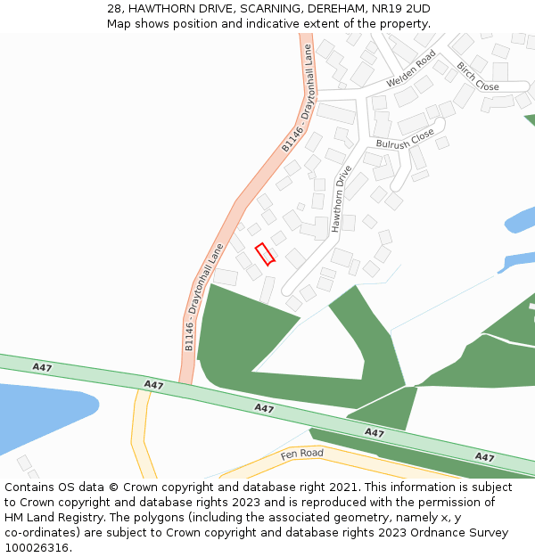 28, HAWTHORN DRIVE, SCARNING, DEREHAM, NR19 2UD: Location map and indicative extent of plot