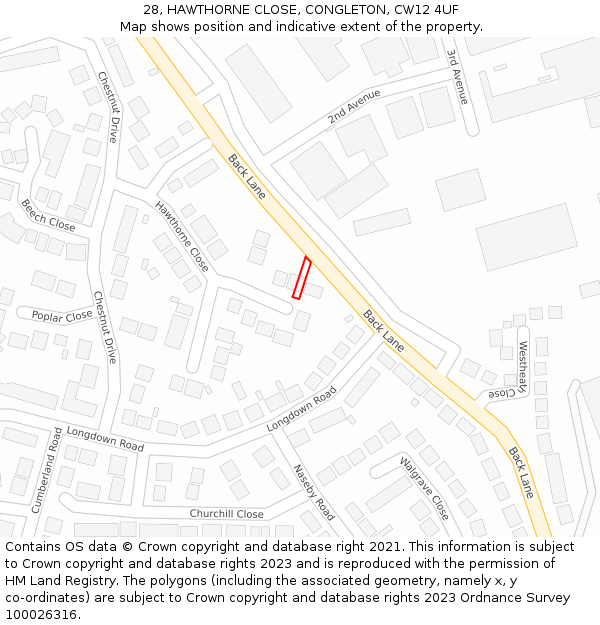 28, HAWTHORNE CLOSE, CONGLETON, CW12 4UF: Location map and indicative extent of plot