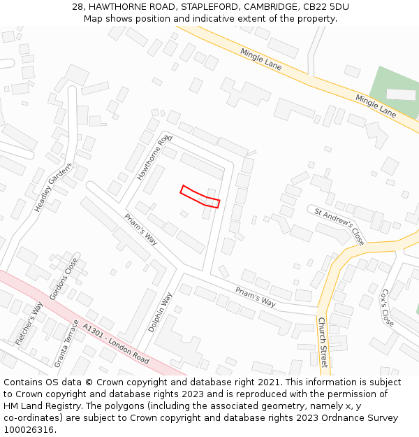 28, HAWTHORNE ROAD, STAPLEFORD, CAMBRIDGE, CB22 5DU: Location map and indicative extent of plot