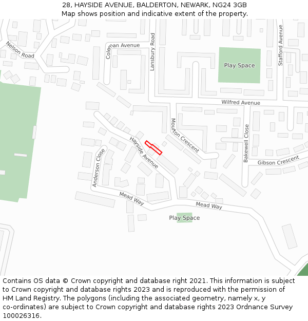 28, HAYSIDE AVENUE, BALDERTON, NEWARK, NG24 3GB: Location map and indicative extent of plot