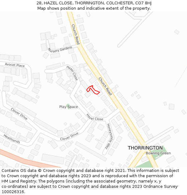 28, HAZEL CLOSE, THORRINGTON, COLCHESTER, CO7 8HJ: Location map and indicative extent of plot