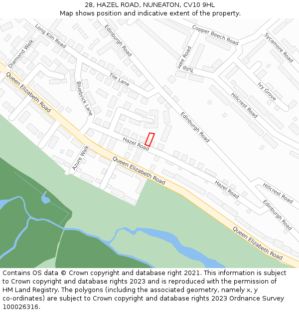 28, HAZEL ROAD, NUNEATON, CV10 9HL: Location map and indicative extent of plot