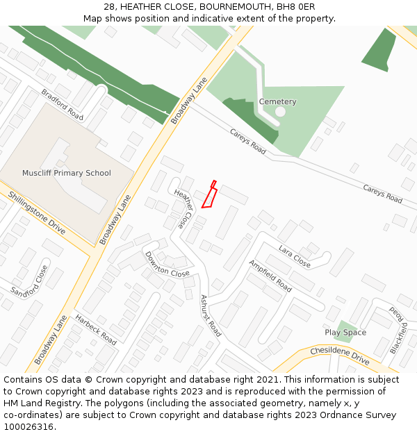 28, HEATHER CLOSE, BOURNEMOUTH, BH8 0ER: Location map and indicative extent of plot