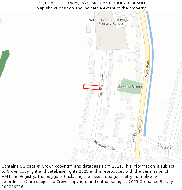 28, HEATHFIELD WAY, BARHAM, CANTERBURY, CT4 6QH: Location map and indicative extent of plot