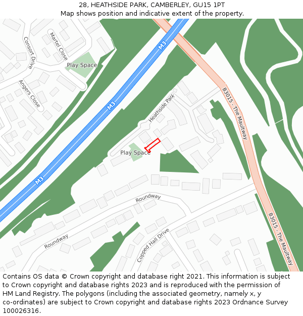 28, HEATHSIDE PARK, CAMBERLEY, GU15 1PT: Location map and indicative extent of plot