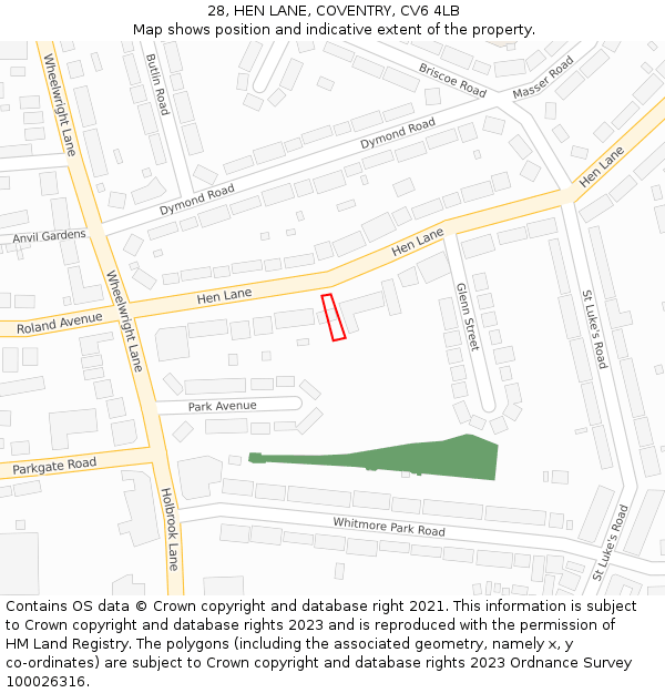 28, HEN LANE, COVENTRY, CV6 4LB: Location map and indicative extent of plot