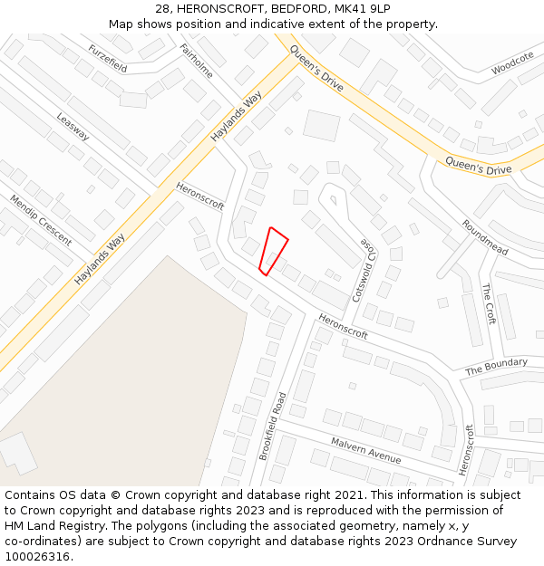 28, HERONSCROFT, BEDFORD, MK41 9LP: Location map and indicative extent of plot