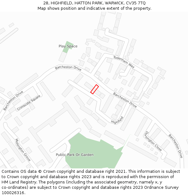 28, HIGHFIELD, HATTON PARK, WARWICK, CV35 7TQ: Location map and indicative extent of plot