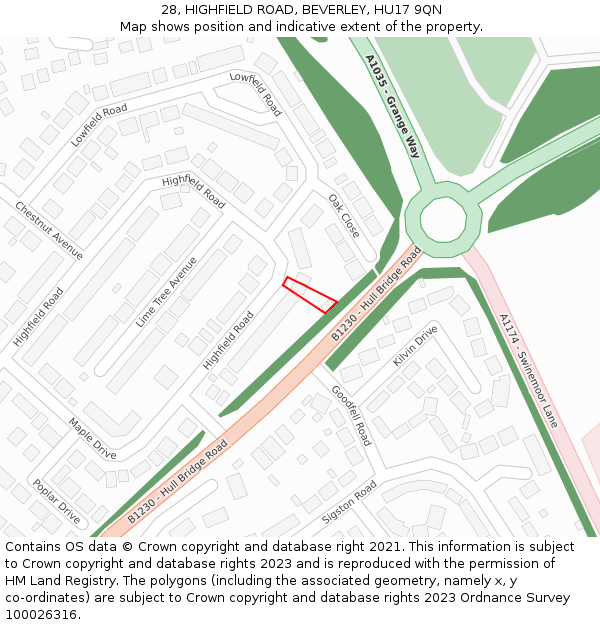 28, HIGHFIELD ROAD, BEVERLEY, HU17 9QN: Location map and indicative extent of plot