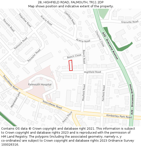 28, HIGHFIELD ROAD, FALMOUTH, TR11 2DP: Location map and indicative extent of plot