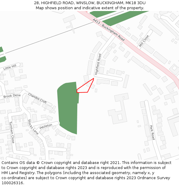 28, HIGHFIELD ROAD, WINSLOW, BUCKINGHAM, MK18 3DU: Location map and indicative extent of plot