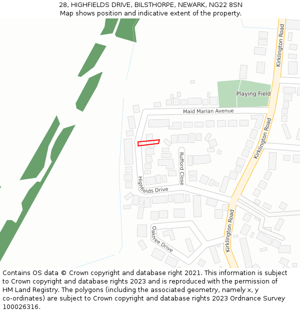 28, HIGHFIELDS DRIVE, BILSTHORPE, NEWARK, NG22 8SN: Location map and indicative extent of plot