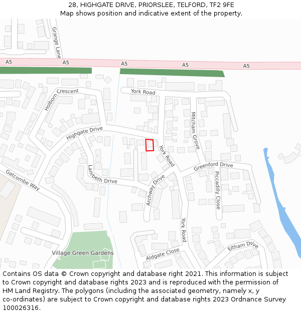 28, HIGHGATE DRIVE, PRIORSLEE, TELFORD, TF2 9FE: Location map and indicative extent of plot