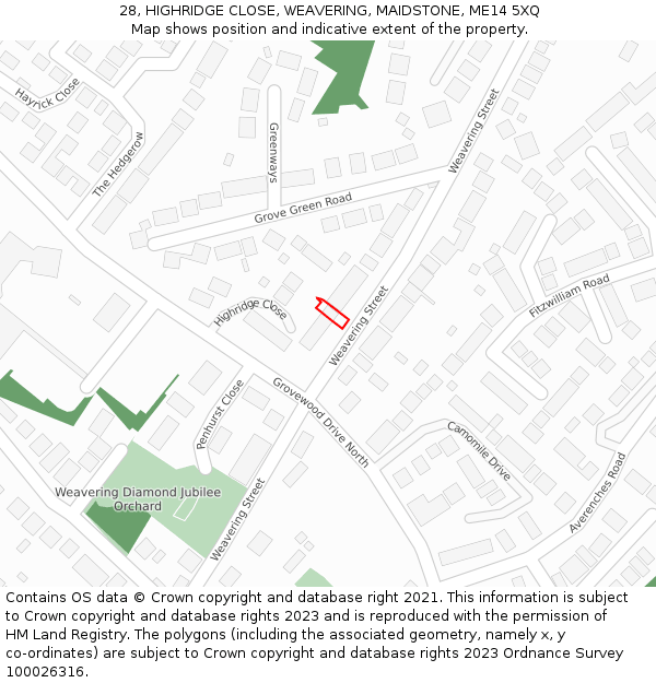 28, HIGHRIDGE CLOSE, WEAVERING, MAIDSTONE, ME14 5XQ: Location map and indicative extent of plot