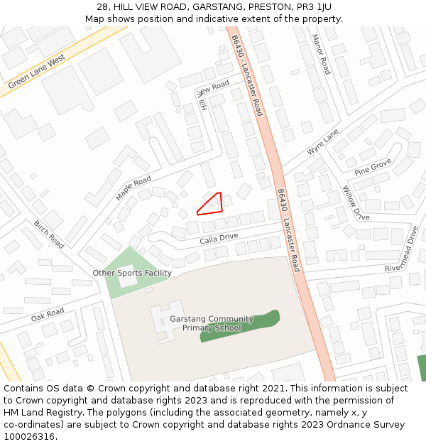 28, HILL VIEW ROAD, GARSTANG, PRESTON, PR3 1JU: Location map and indicative extent of plot