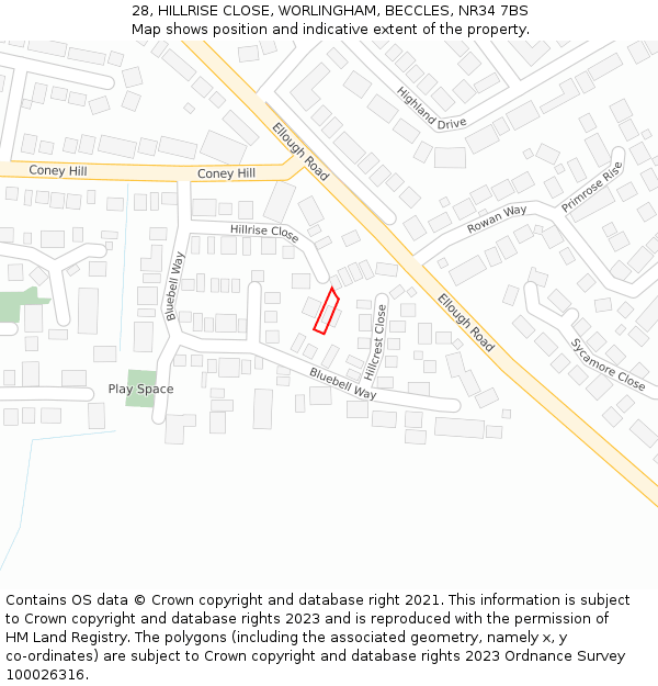 28, HILLRISE CLOSE, WORLINGHAM, BECCLES, NR34 7BS: Location map and indicative extent of plot