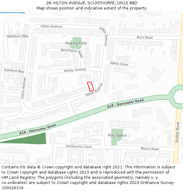 28, HILTON AVENUE, SCUNTHORPE, DN15 8BD: Location map and indicative extent of plot