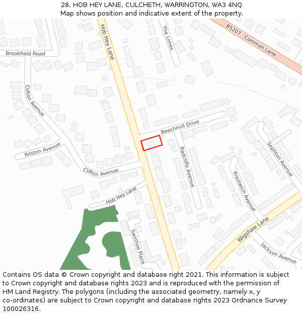 28, HOB HEY LANE, CULCHETH, WARRINGTON, WA3 4NQ: Location map and indicative extent of plot