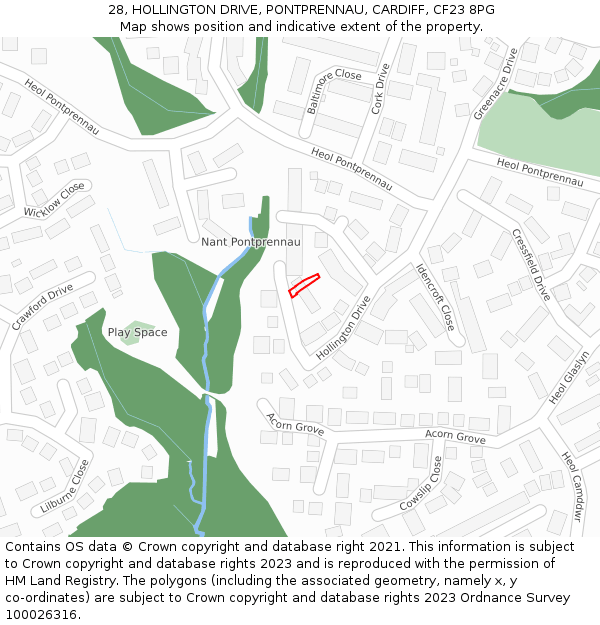 28, HOLLINGTON DRIVE, PONTPRENNAU, CARDIFF, CF23 8PG: Location map and indicative extent of plot