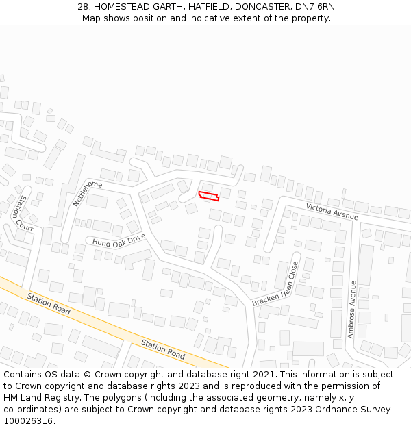 28, HOMESTEAD GARTH, HATFIELD, DONCASTER, DN7 6RN: Location map and indicative extent of plot