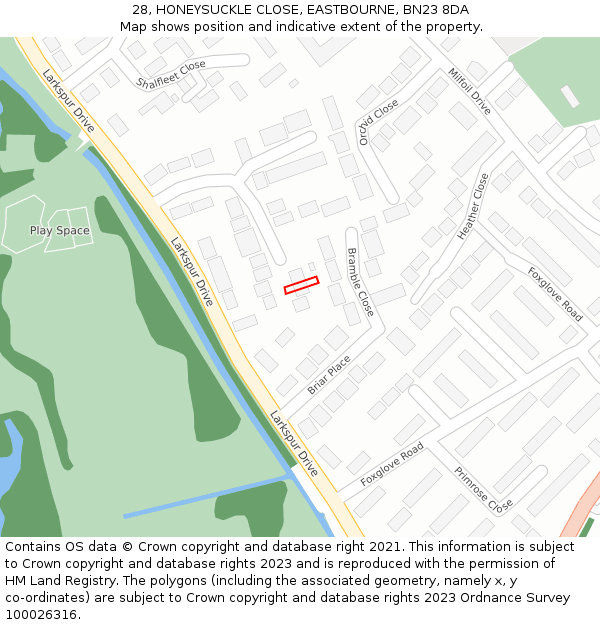 28, HONEYSUCKLE CLOSE, EASTBOURNE, BN23 8DA: Location map and indicative extent of plot