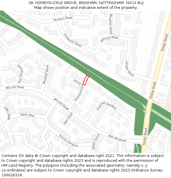 28, HONEYSUCKLE GROVE, BINGHAM, NOTTINGHAM, NG13 8UJ: Location map and indicative extent of plot