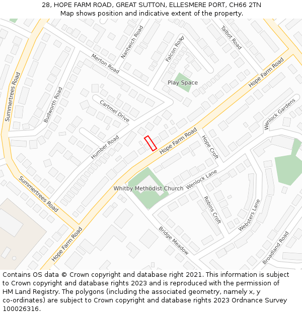 28, HOPE FARM ROAD, GREAT SUTTON, ELLESMERE PORT, CH66 2TN: Location map and indicative extent of plot