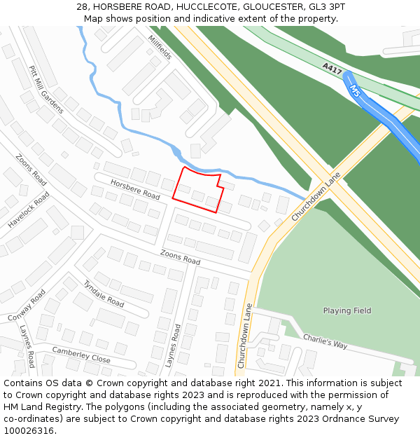 28, HORSBERE ROAD, HUCCLECOTE, GLOUCESTER, GL3 3PT: Location map and indicative extent of plot