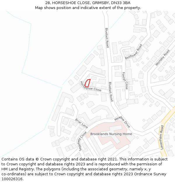28, HORSESHOE CLOSE, GRIMSBY, DN33 3BA: Location map and indicative extent of plot