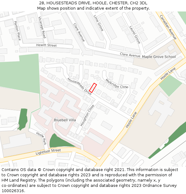 28, HOUSESTEADS DRIVE, HOOLE, CHESTER, CH2 3DL: Location map and indicative extent of plot