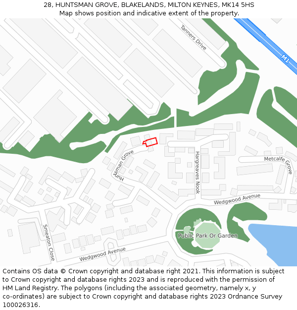 28, HUNTSMAN GROVE, BLAKELANDS, MILTON KEYNES, MK14 5HS: Location map and indicative extent of plot