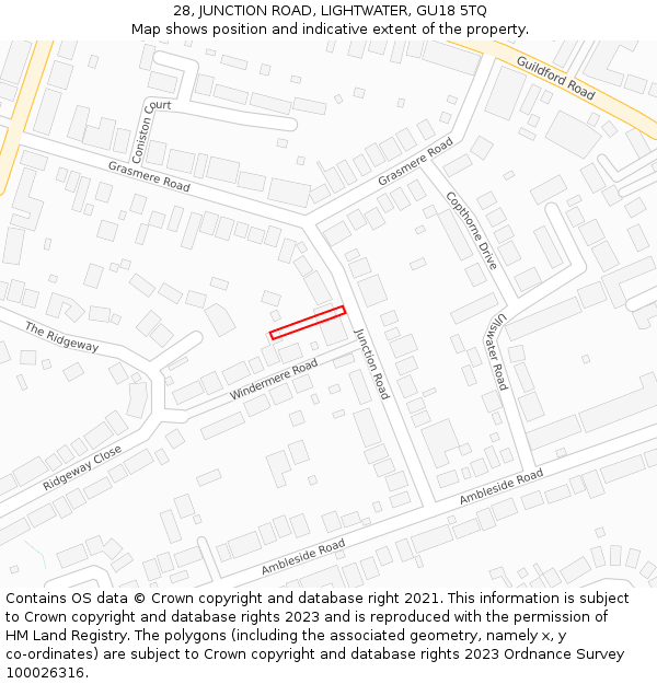 28, JUNCTION ROAD, LIGHTWATER, GU18 5TQ: Location map and indicative extent of plot