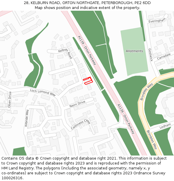 28, KELBURN ROAD, ORTON NORTHGATE, PETERBOROUGH, PE2 6DD: Location map and indicative extent of plot
