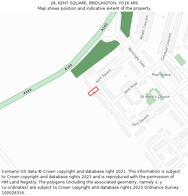 28, KENT SQUARE, BRIDLINGTON, YO16 4RS: Location map and indicative extent of plot