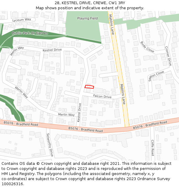 28, KESTREL DRIVE, CREWE, CW1 3RY: Location map and indicative extent of plot