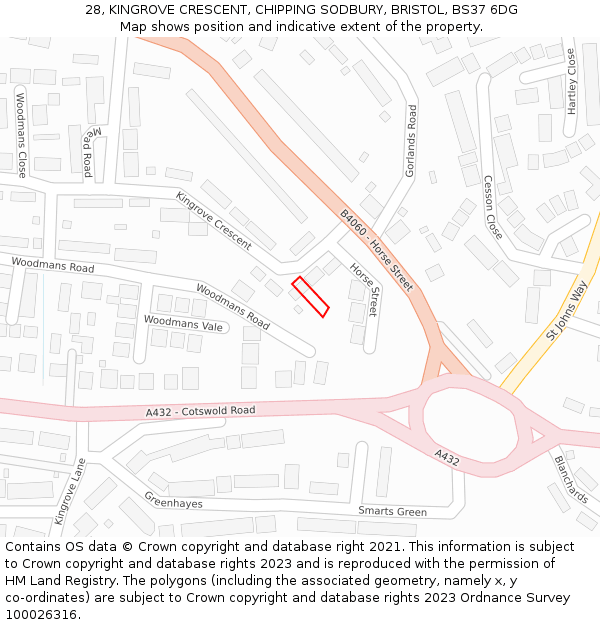 28, KINGROVE CRESCENT, CHIPPING SODBURY, BRISTOL, BS37 6DG: Location map and indicative extent of plot