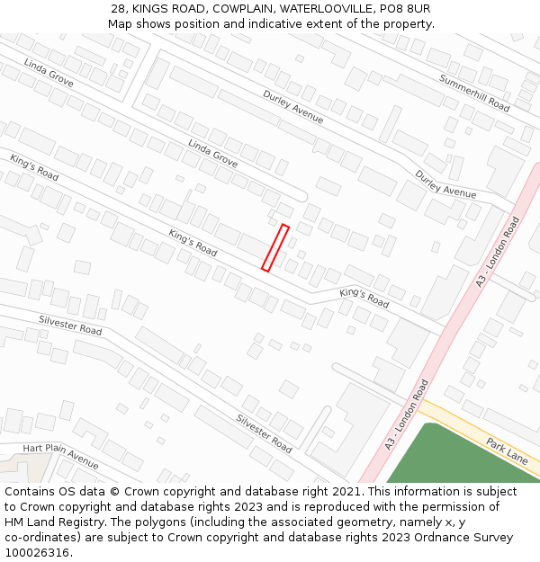 28, KINGS ROAD, COWPLAIN, WATERLOOVILLE, PO8 8UR: Location map and indicative extent of plot