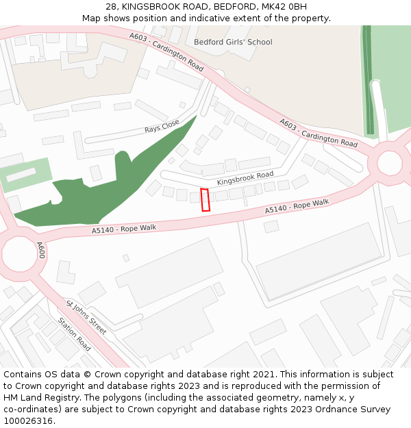 28, KINGSBROOK ROAD, BEDFORD, MK42 0BH: Location map and indicative extent of plot