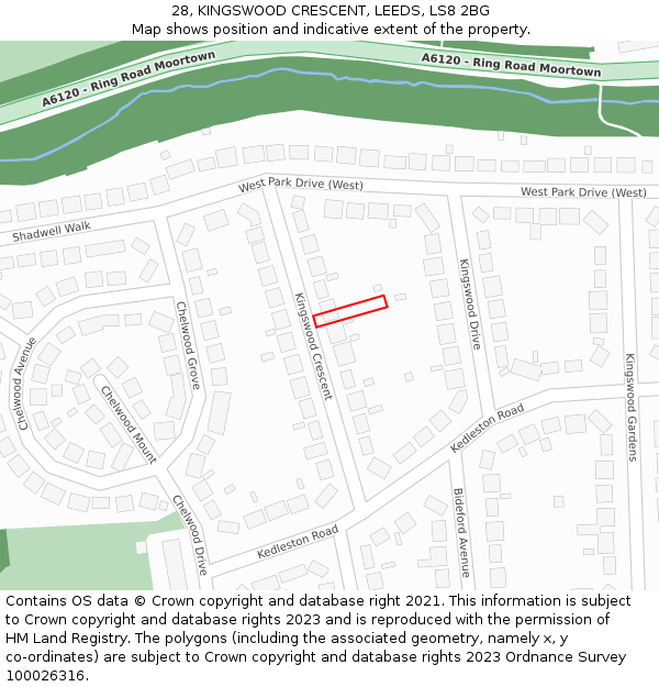 28, KINGSWOOD CRESCENT, LEEDS, LS8 2BG: Location map and indicative extent of plot