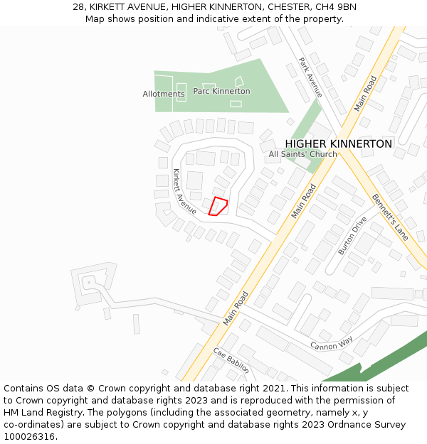 28, KIRKETT AVENUE, HIGHER KINNERTON, CHESTER, CH4 9BN: Location map and indicative extent of plot