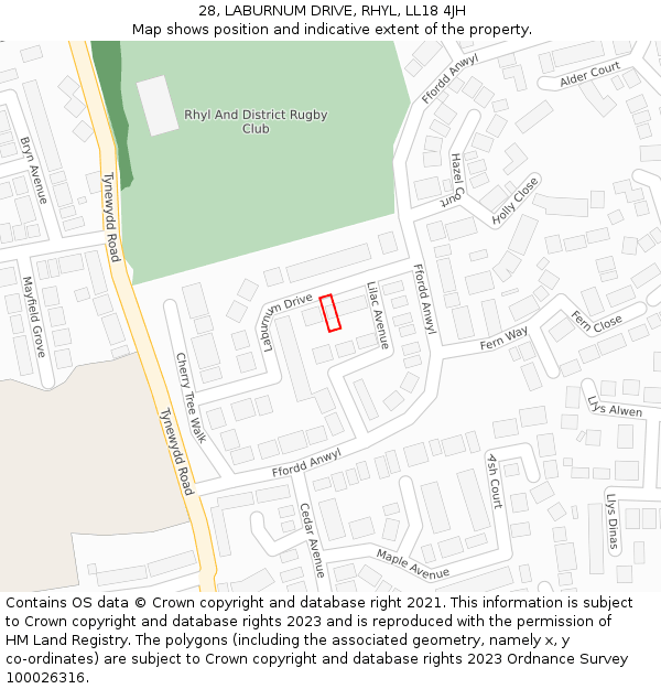 28, LABURNUM DRIVE, RHYL, LL18 4JH: Location map and indicative extent of plot