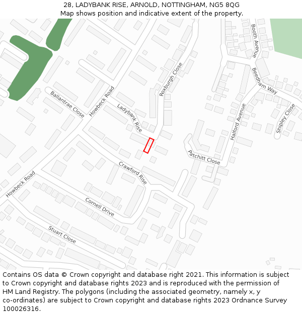 28, LADYBANK RISE, ARNOLD, NOTTINGHAM, NG5 8QG: Location map and indicative extent of plot