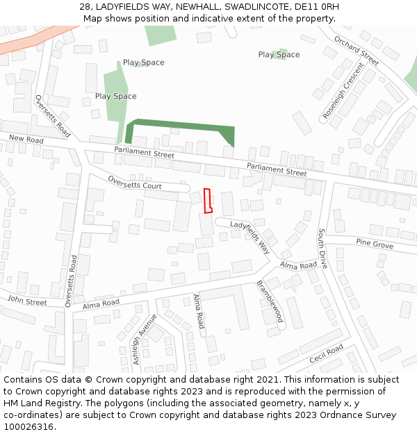 28, LADYFIELDS WAY, NEWHALL, SWADLINCOTE, DE11 0RH: Location map and indicative extent of plot