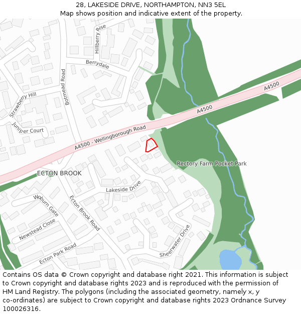 28, LAKESIDE DRIVE, NORTHAMPTON, NN3 5EL: Location map and indicative extent of plot