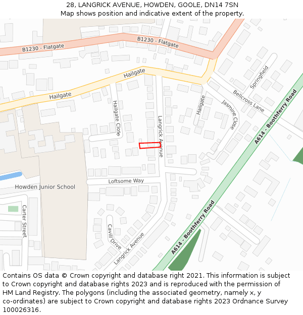 28, LANGRICK AVENUE, HOWDEN, GOOLE, DN14 7SN: Location map and indicative extent of plot