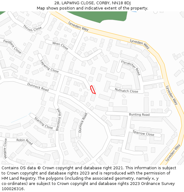 28, LAPWING CLOSE, CORBY, NN18 8DJ: Location map and indicative extent of plot